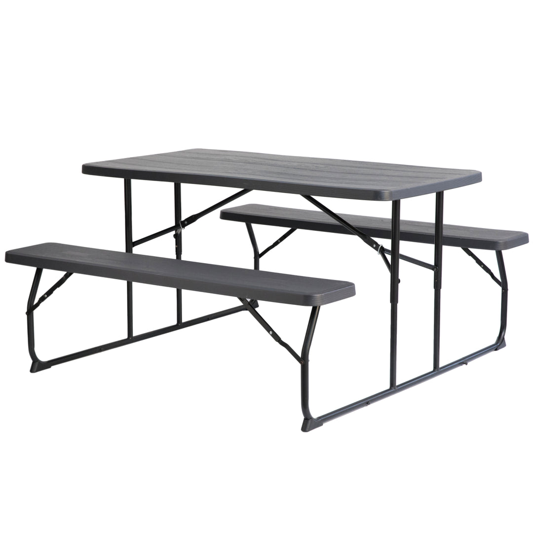 Gray Foldable Picnic Table Set 6 Person Outdoor Portable Woodgrain Durable Plastic Image 1