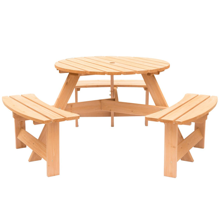 Wooden Round Picnic Table with Bench for 6 Outdoor Patio Umbrella Hole 35" Image 1