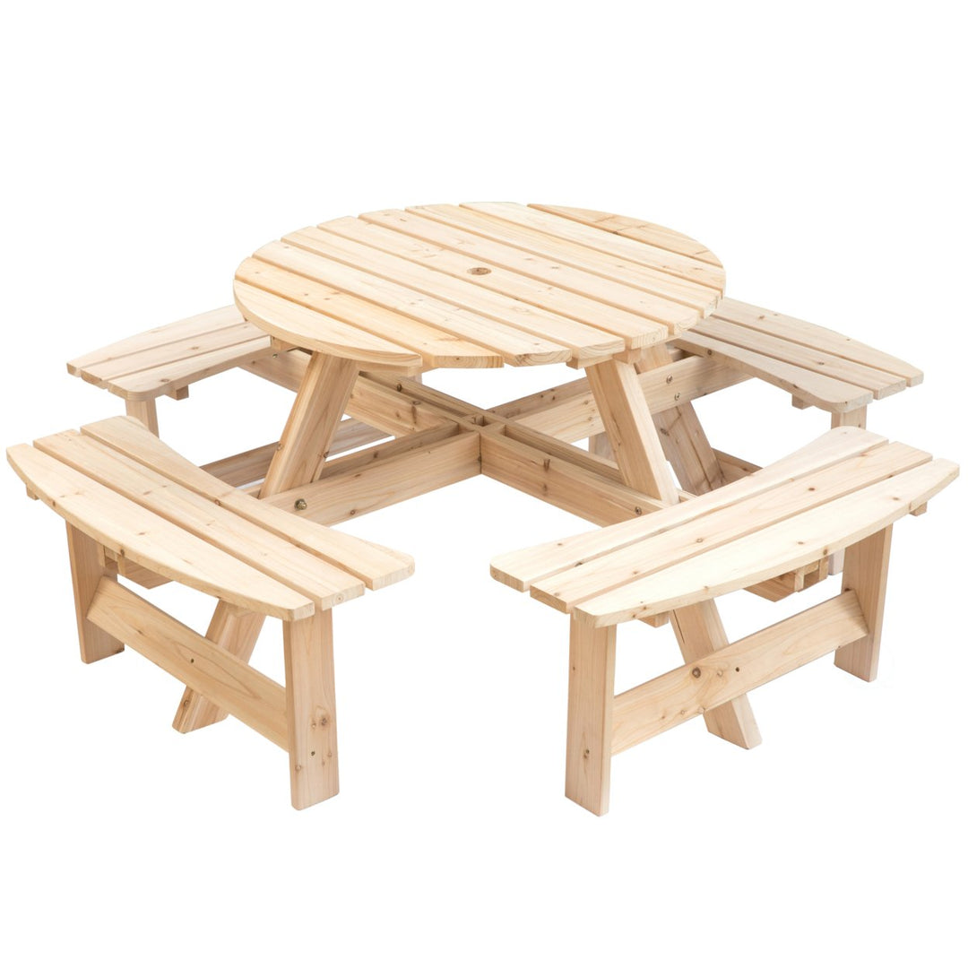 Wooden Round Picnic Table with Bench for 8 Outdoor Patio Garden 35" Diameter Image 2