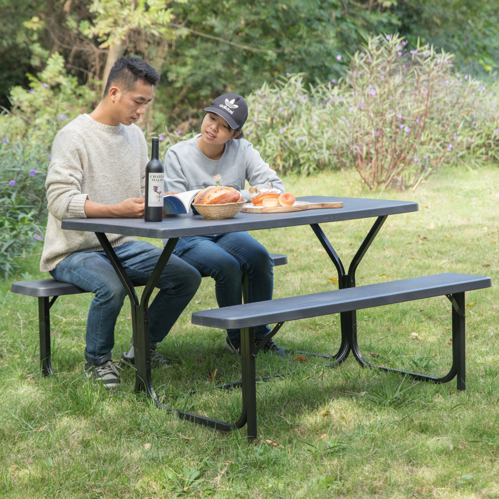 Outdoor Picnic Table Set Gray Metal Frame 6 Person Weather Resistant 54 in Image 2