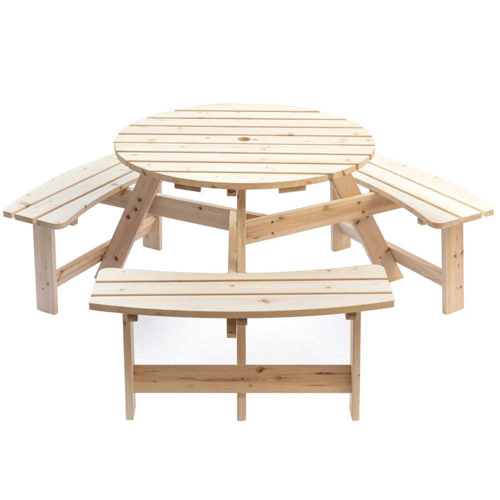 Wooden Round Picnic Table with Bench for 6 Outdoor Patio Umbrella Hole 35" Image 2