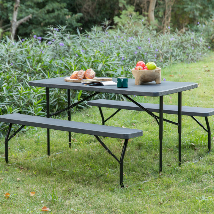 Gray Outdoor Foldable Woodgrain Portable Picnic Table Set Image 3