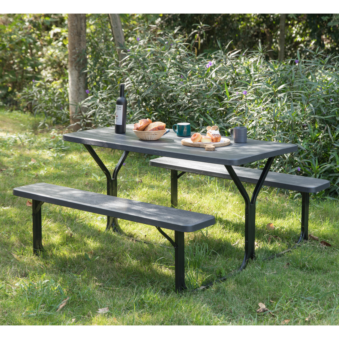 Outdoor Picnic Table Set Gray Metal Frame 6 Person Weather Resistant 54 in Image 3