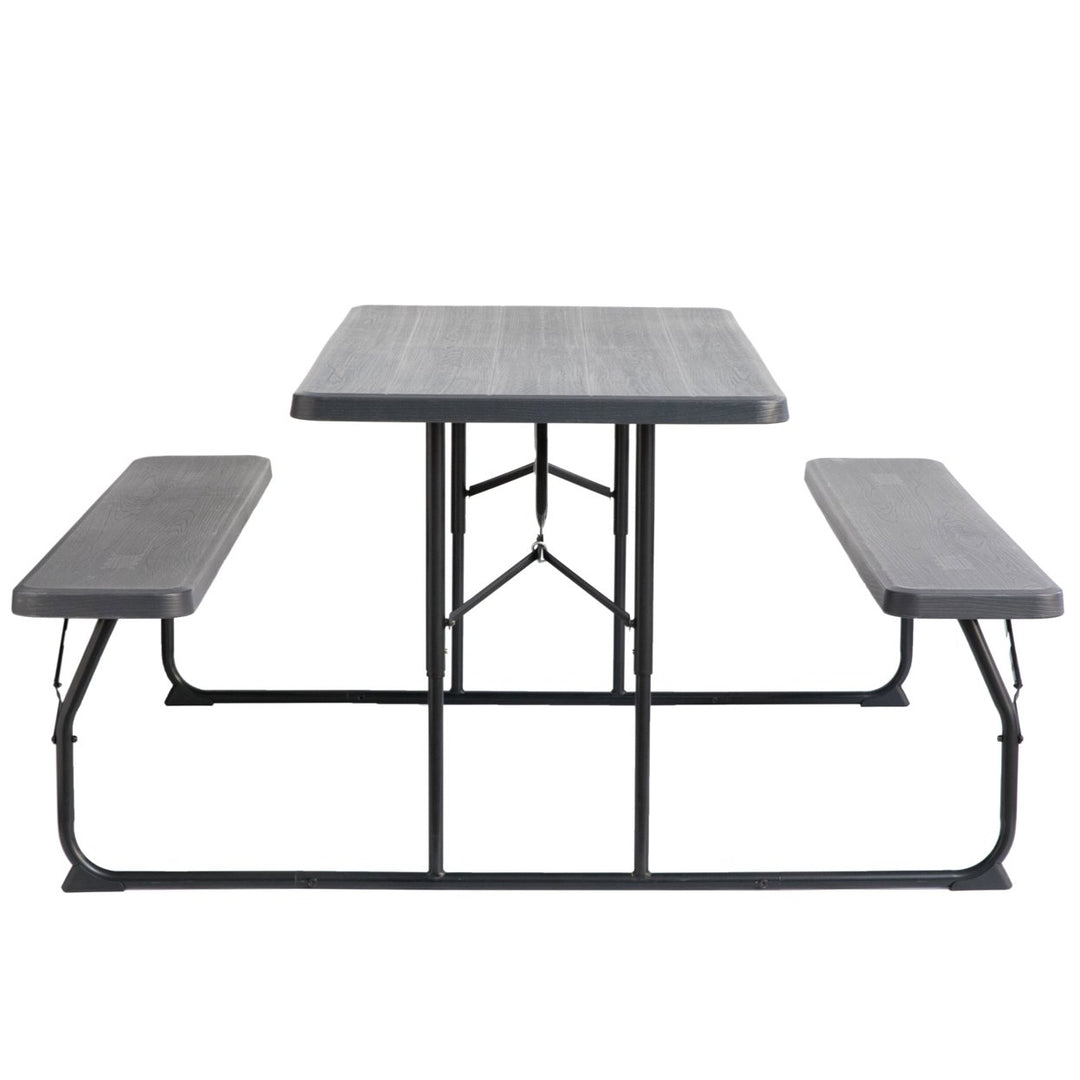 Gray Foldable Picnic Table Set 6 Person Outdoor Portable Woodgrain Durable Plastic Image 4