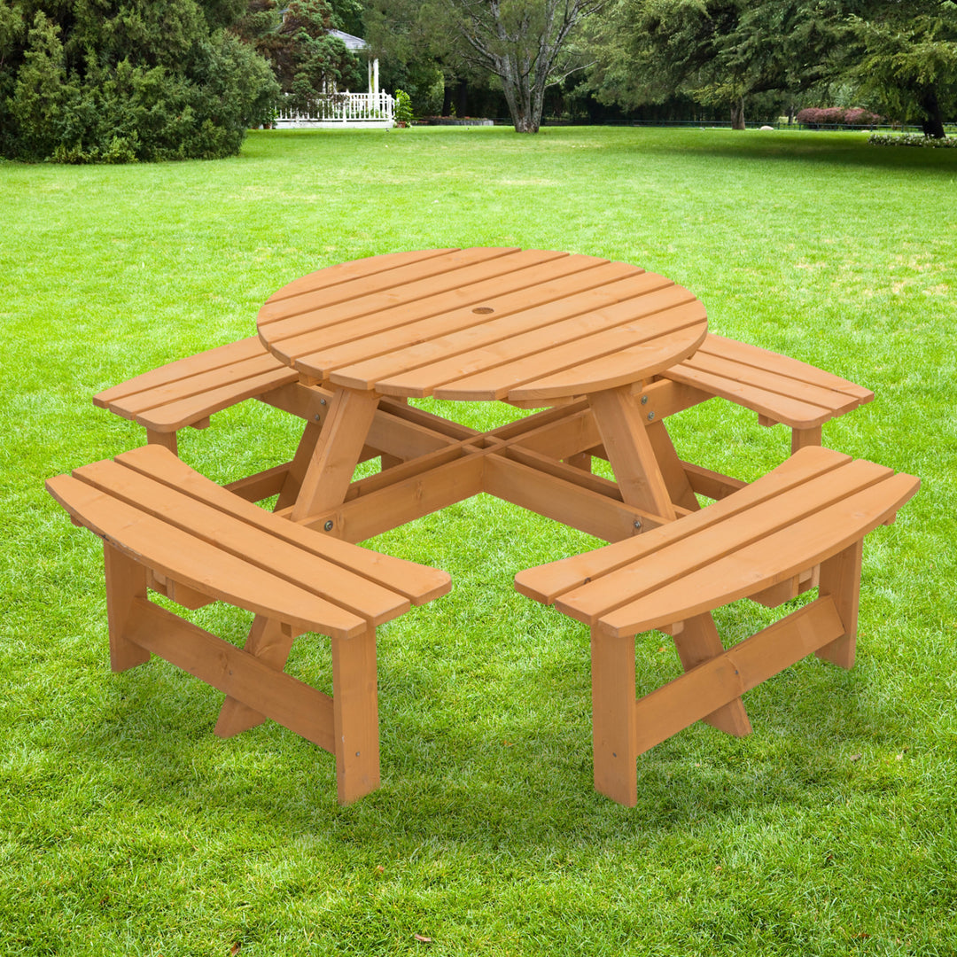 Wooden Round Picnic Table with Bench for 8 Outdoor Patio Garden 35" Diameter Image 6