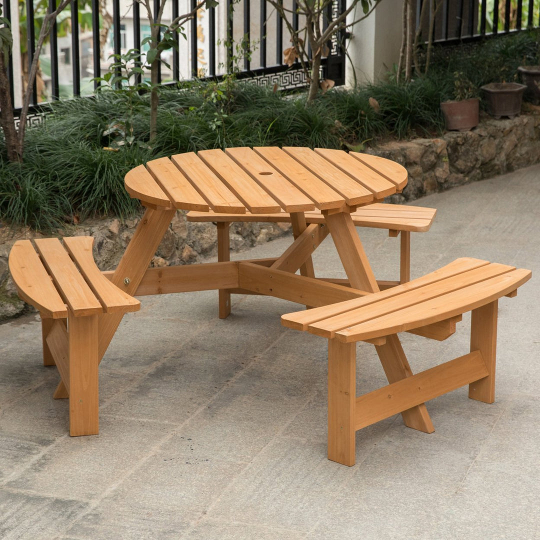 Wooden Round Picnic Table with Bench for 6 Outdoor Patio Umbrella Hole 35" Image 4