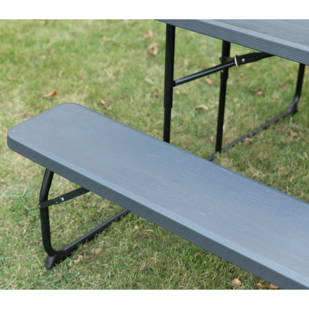 Gray Foldable Picnic Table Set 6 Person Outdoor Portable Woodgrain Durable Plastic Image 10