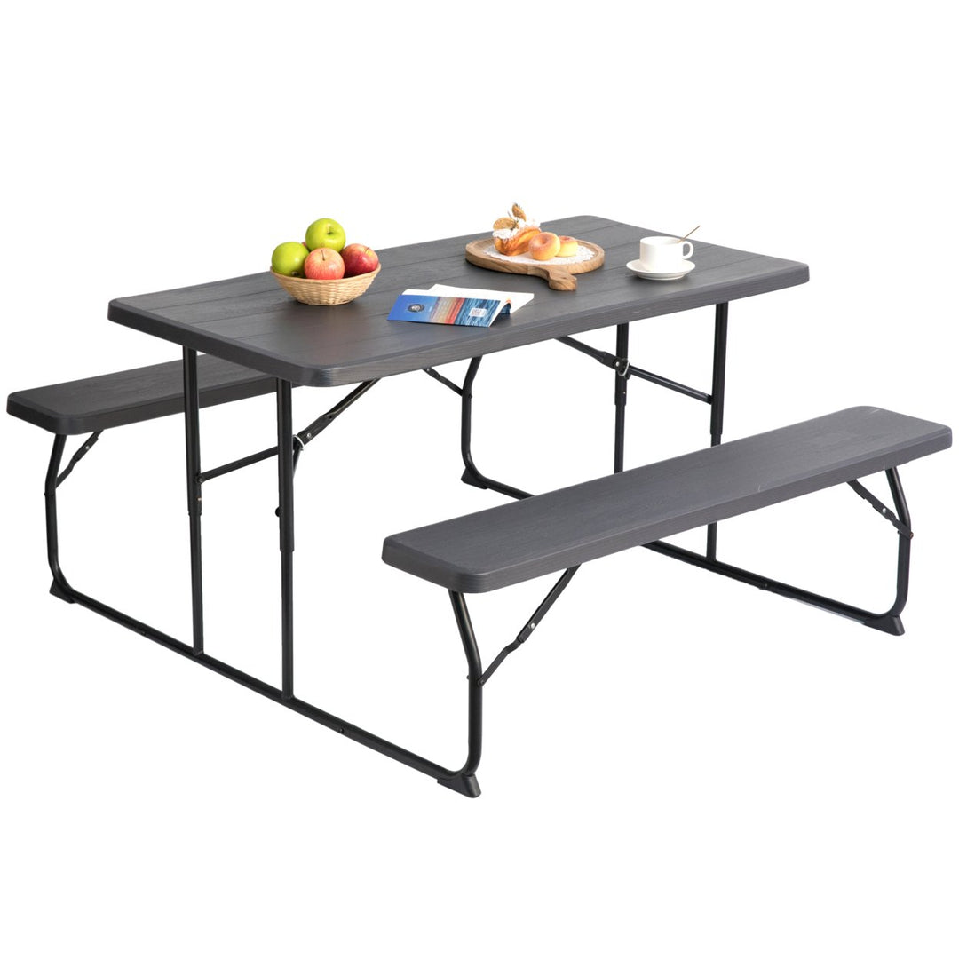 Gray Foldable Picnic Table Set 6 Person Outdoor Portable Woodgrain Durable Plastic Image 11