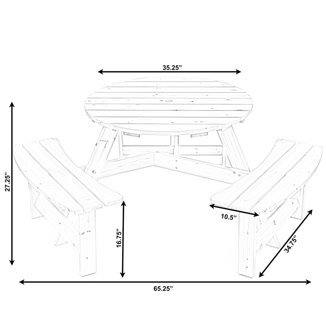 Wooden Round Picnic Table with Bench for 6 Outdoor Patio Umbrella Hole 35" Image 7