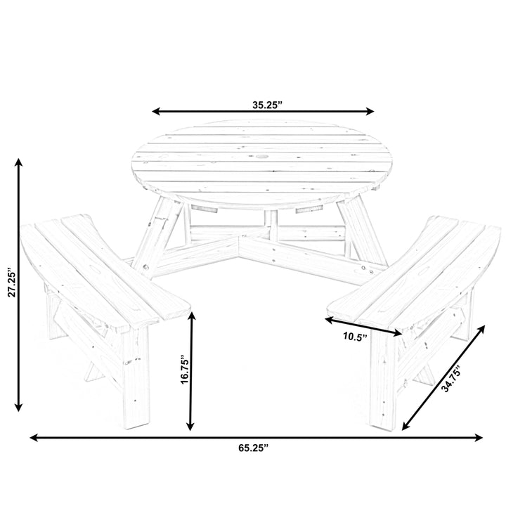 Wooden Round Picnic Table with Bench for 6 Outdoor Patio Umbrella Hole 35" Image 7