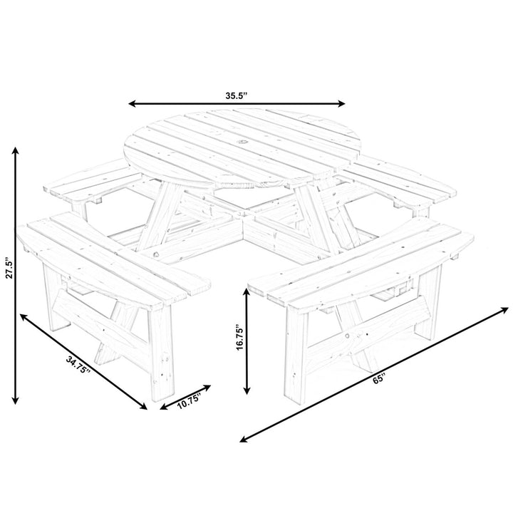 Wooden Round Picnic Table with Bench for 8 Outdoor Patio Garden 35" Diameter Image 8