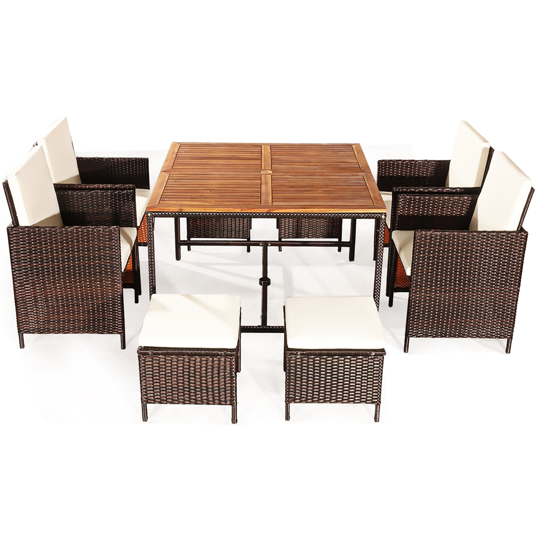 9PCS Patio Rattan Dining Set Cushioned Chairs Ottoman Wood Table Top White Image 7