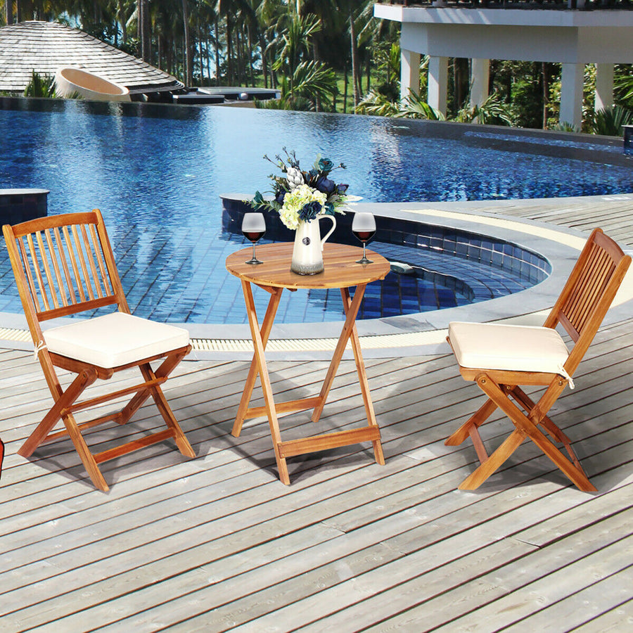 3PCS Patio Folding Wooden Bistro Set Cushioned Chair Conversation Cushion Image 1