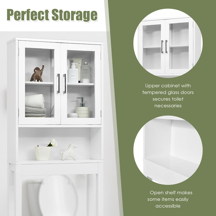 Over the Toilet Storage Cabinet Bathroom Space Saver w/Tempered Glass Door White Image 8