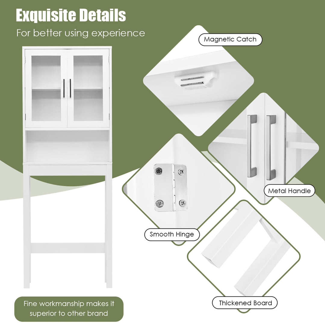 Over the Toilet Storage Cabinet Bathroom Space Saver w/Tempered Glass Door White Image 9