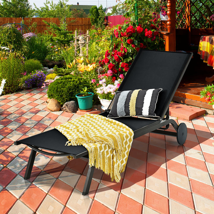 Outdoor Lounge Chair Chaise Reclining Aluminum Fabric Adjustable Black Image 1