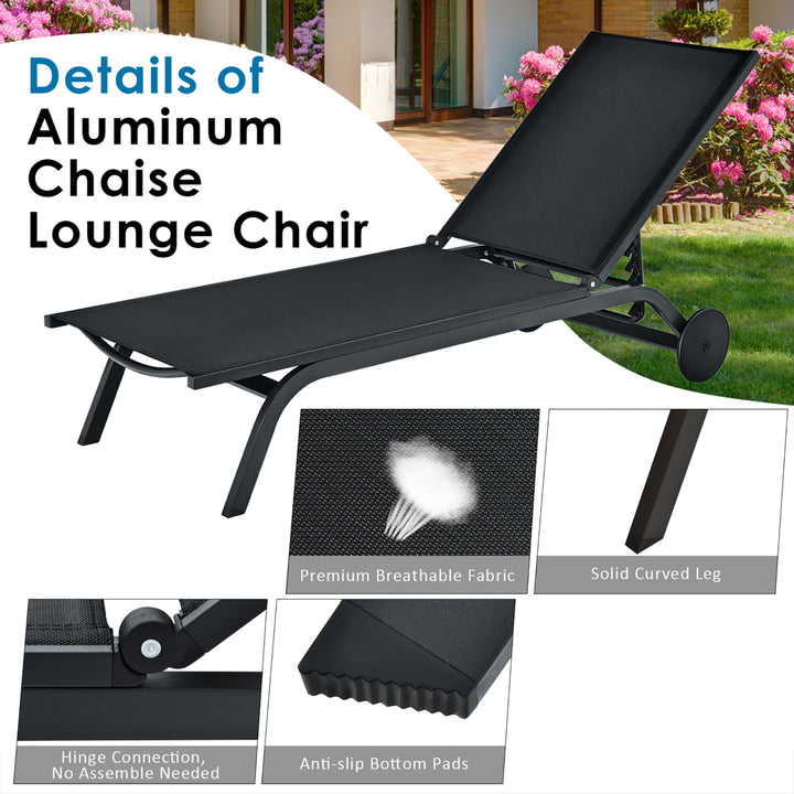 Outdoor Lounge Chair Chaise Reclining Aluminum Fabric Adjustable Black Image 8