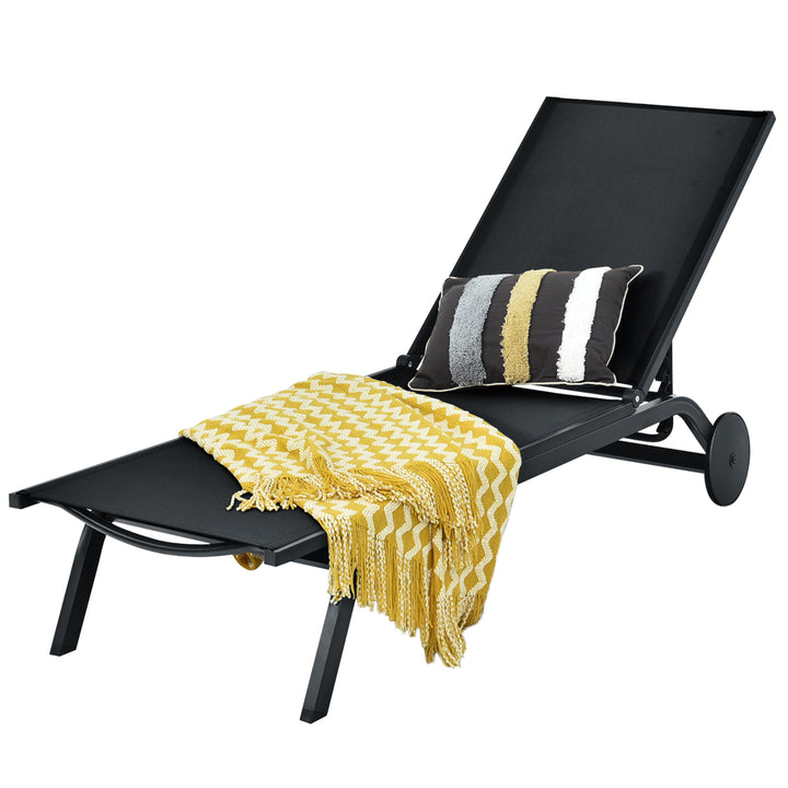 Outdoor Lounge Chair Chaise Reclining Aluminum Fabric Adjustable Black Image 9