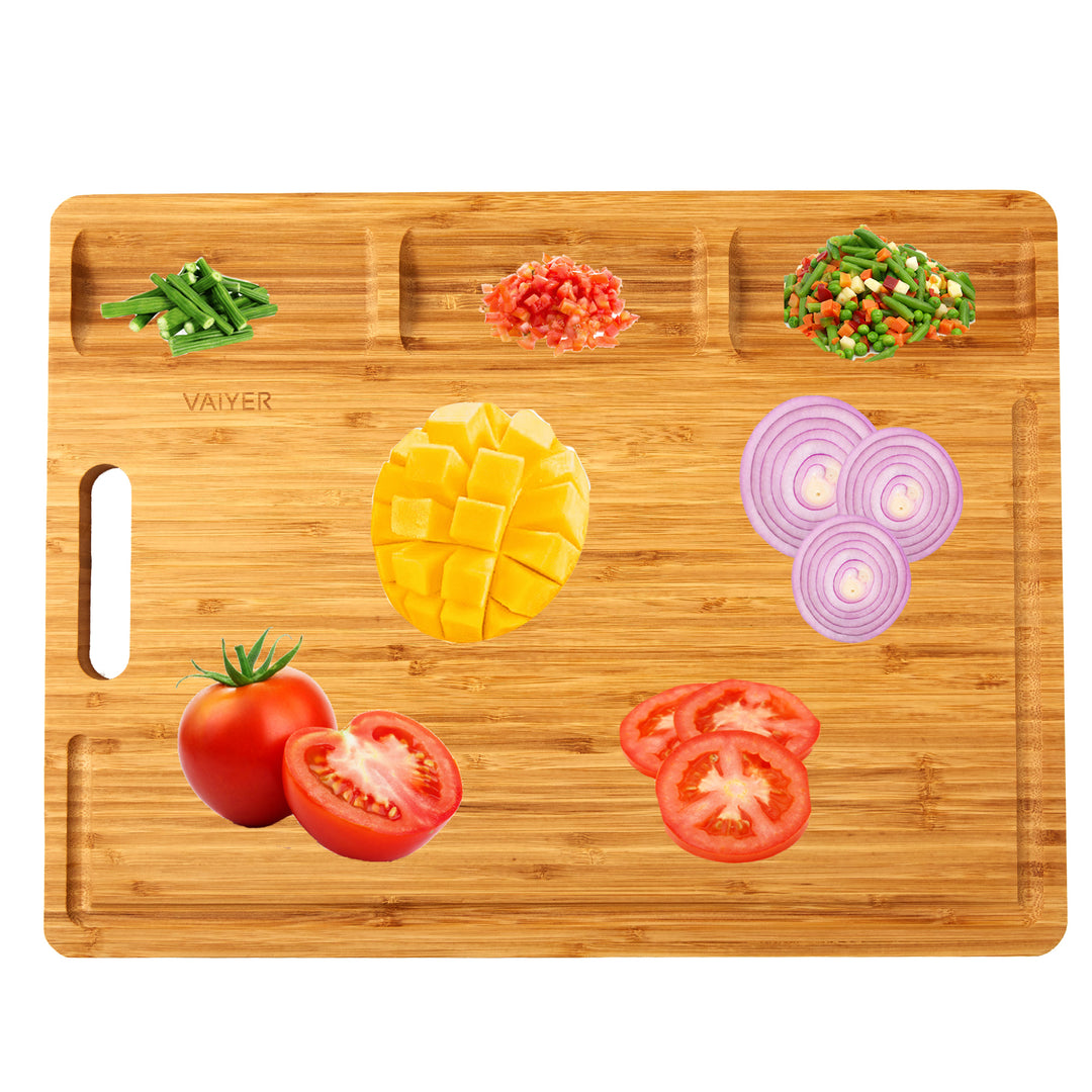 Vaiyer Bamboo Cutting Board Heavy Duty Extra Large 3 Compartment Juice Groove Image 1