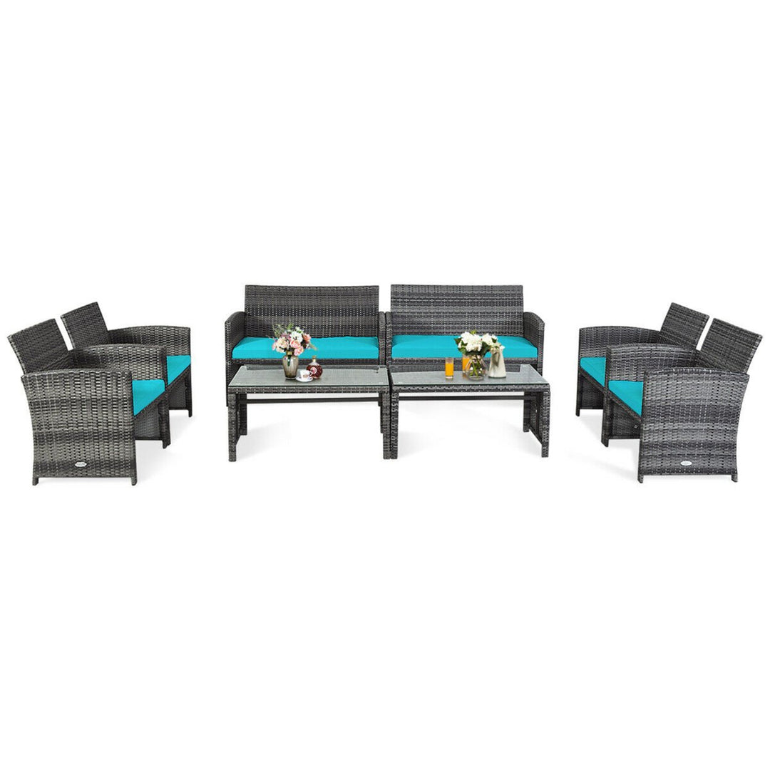 8PCS Patio Outdoor Rattan Conversation Furniture Set w/ Turquoise Cushion Image 1