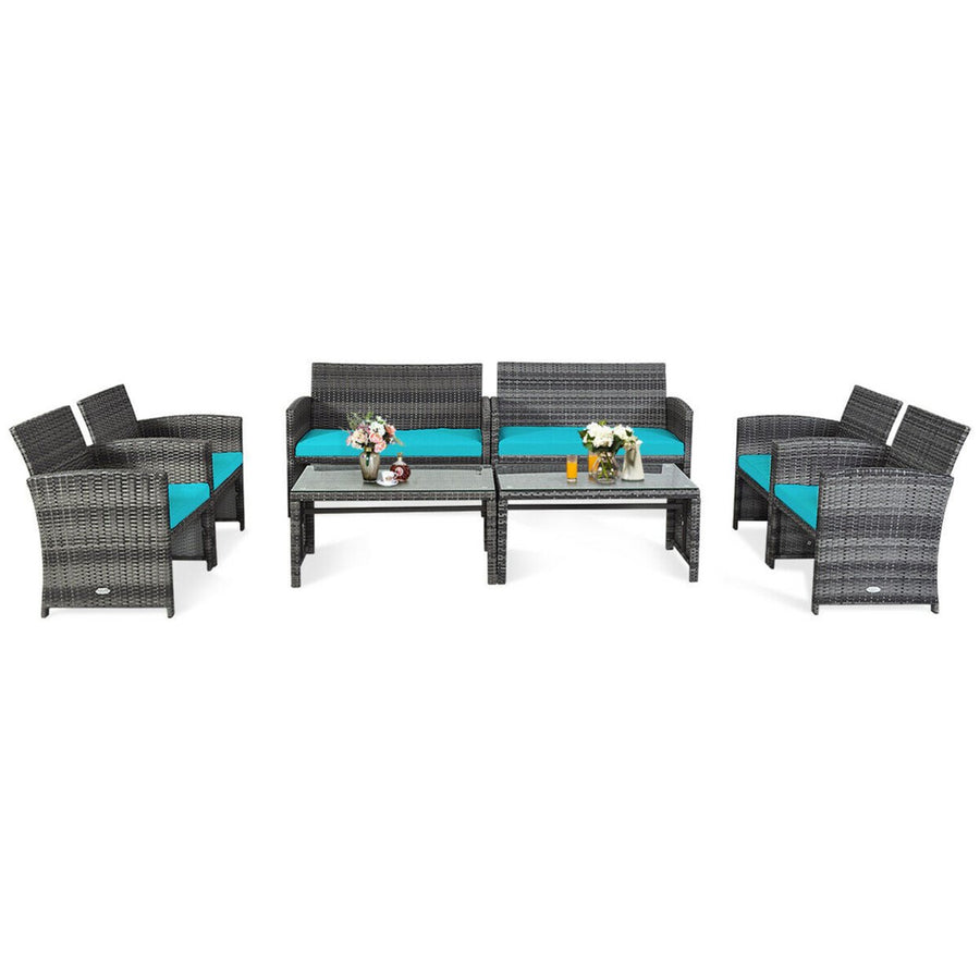 8PCS Patio Outdoor Rattan Conversation Furniture Set w/ Turquoise Cushion Image 1