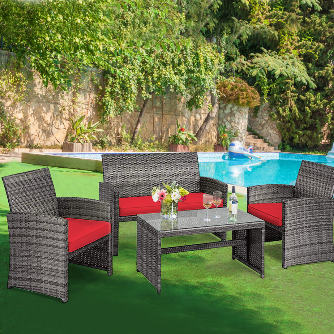 8PCS Patio Outdoor Rattan Conversation Furniture Set w/ Red Cushion Image 3