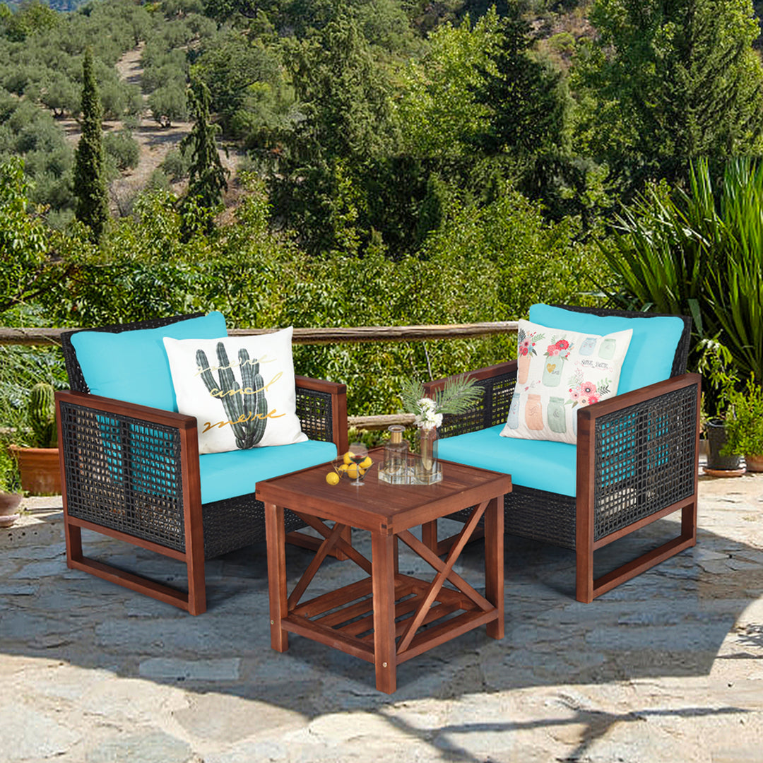 3PCS Rattan Wicker Patio Conversation Set Outdoor Furniture Set w/ Turquoise Cushion Image 1