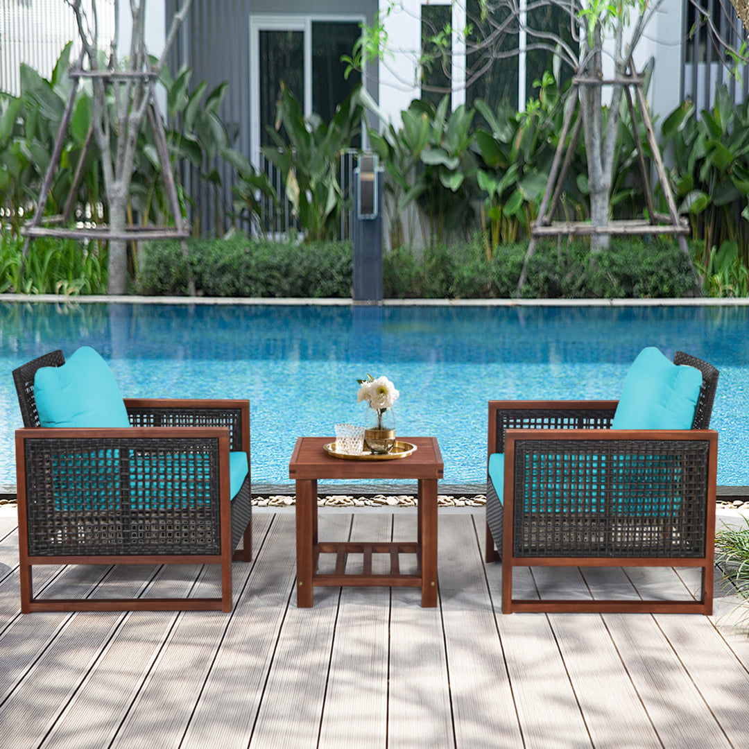 3PCS Rattan Wicker Patio Conversation Set Outdoor Furniture Set w/ Turquoise Cushion Image 3