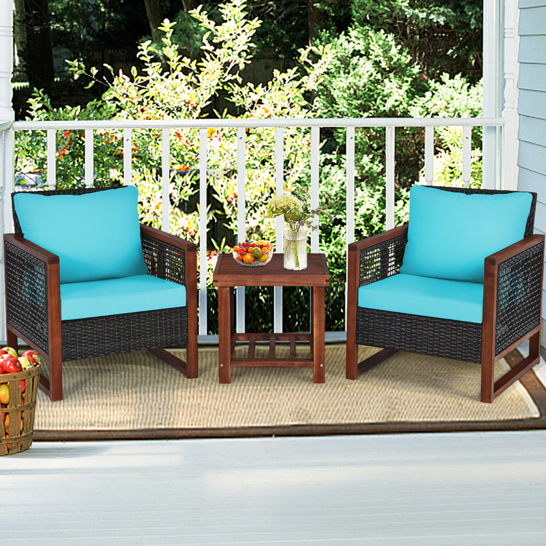 3PCS Rattan Wicker Patio Conversation Set Outdoor Furniture Set w/ Turquoise Cushion Image 4