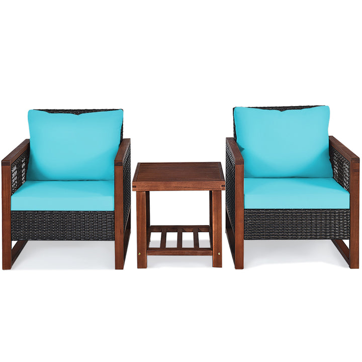 3PCS Rattan Wicker Patio Conversation Set Outdoor Furniture Set w/ Turquoise Cushion Image 2