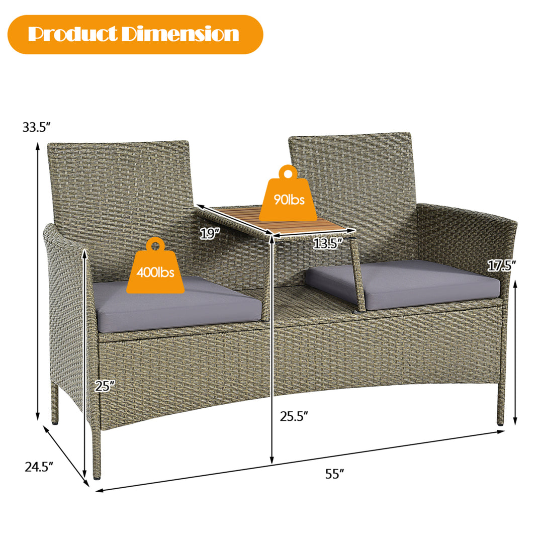 Patio Rattan Loveseat Outdoor 2-Person Conversation Set w/ Built-in Table Image 3