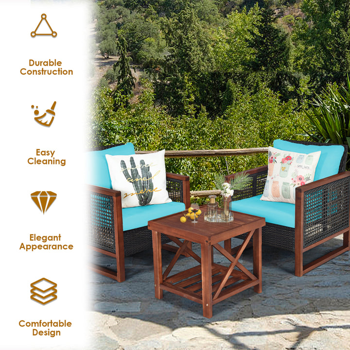 3PCS Rattan Wicker Patio Conversation Set Outdoor Furniture Set w/ Turquoise Cushion Image 7