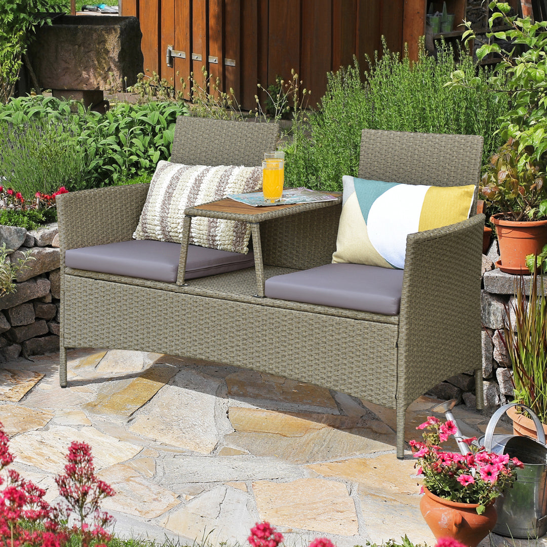 Patio Rattan Loveseat Outdoor 2-Person Conversation Set w/ Built-in Table Image 6