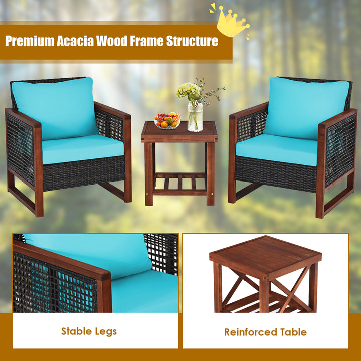 3PCS Rattan Wicker Patio Conversation Set Outdoor Furniture Set w/ Turquoise Cushion Image 8