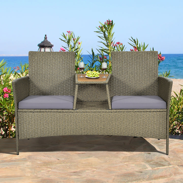 Patio Rattan Loveseat Outdoor 2-Person Conversation Set w/ Built-in Table Image 4