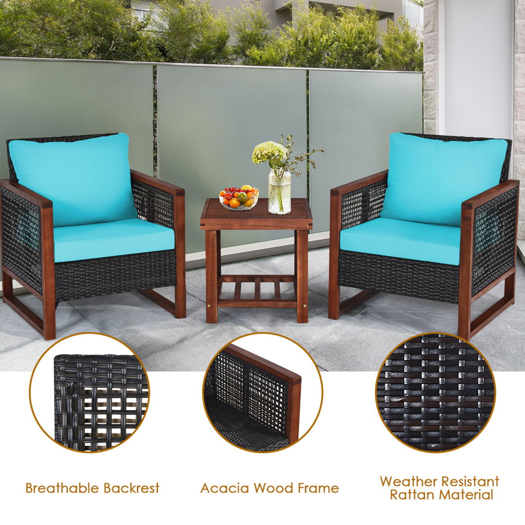 3PCS Rattan Wicker Patio Conversation Set Outdoor Furniture Set w/ Turquoise Cushion Image 10