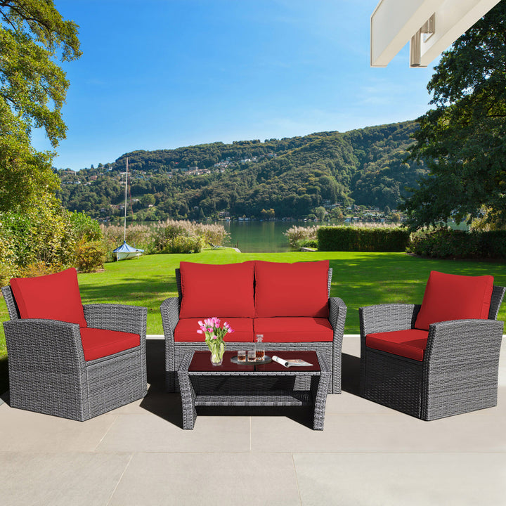 4PCS Patio Rattan Conversation Set Outdoor Furniture Set w/ Red Cushions Image 1