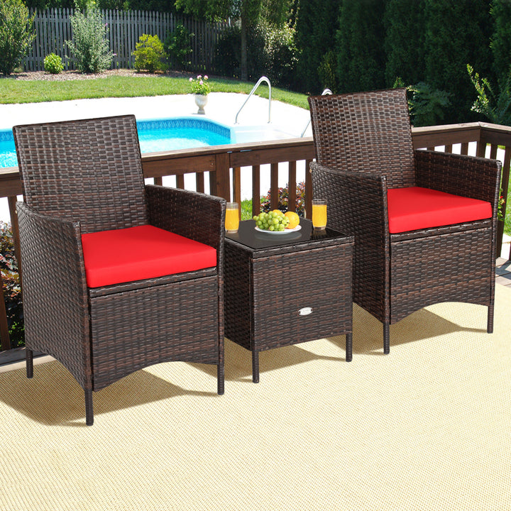 3PCS Outdoor Rattan Conversation Set Patio Furniture Set w/ Red Cushions Image 3