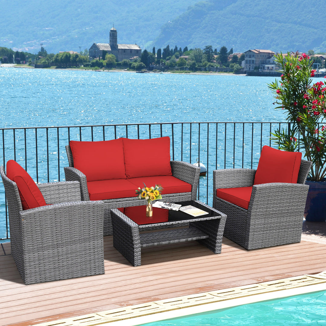 4PCS Patio Rattan Conversation Set Outdoor Furniture Set w/ Red Cushions Image 5