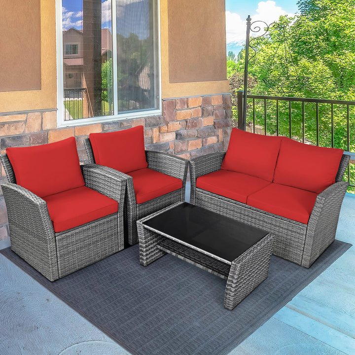 4PCS Patio Rattan Conversation Set Outdoor Furniture Set w/ Red Cushions Image 4