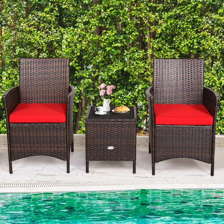 3PCS Outdoor Rattan Conversation Set Patio Furniture Set w/ Red Cushions Image 4