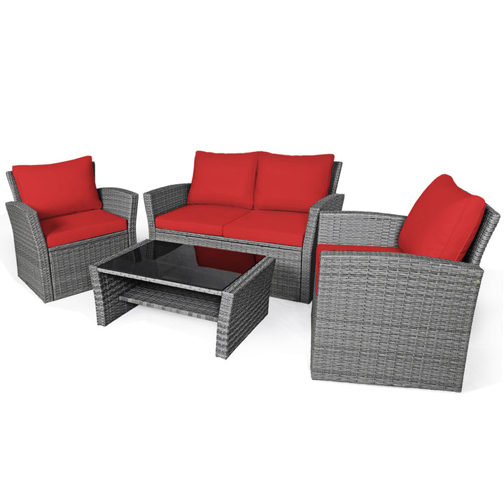 4PCS Patio Rattan Conversation Set Outdoor Furniture Set w/ Red Cushions Image 2