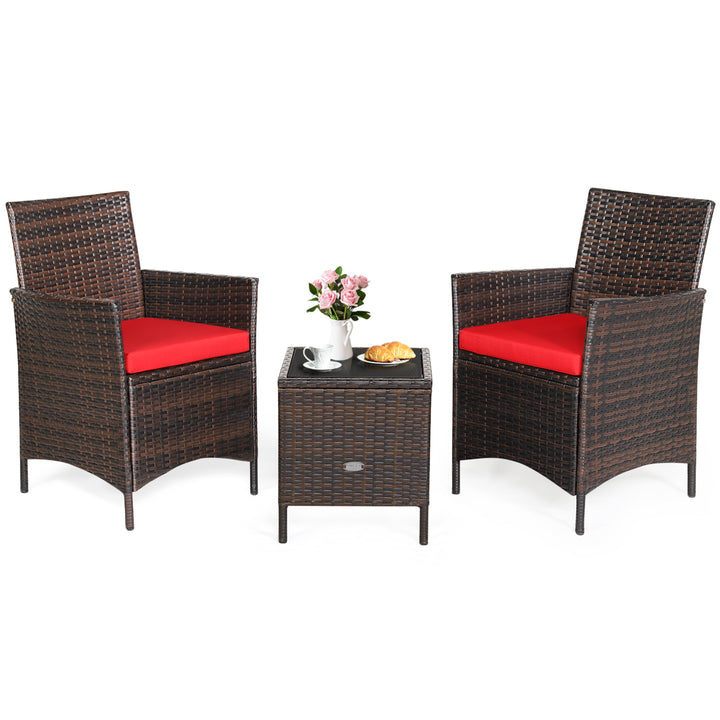 3PCS Outdoor Rattan Conversation Set Patio Furniture Set w/ Red Cushions Image 2