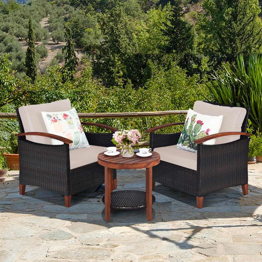 3PCS Patio Wicker Rattan Conversation Set Outdoor Furniture Set w/ Beige Cushion Image 1