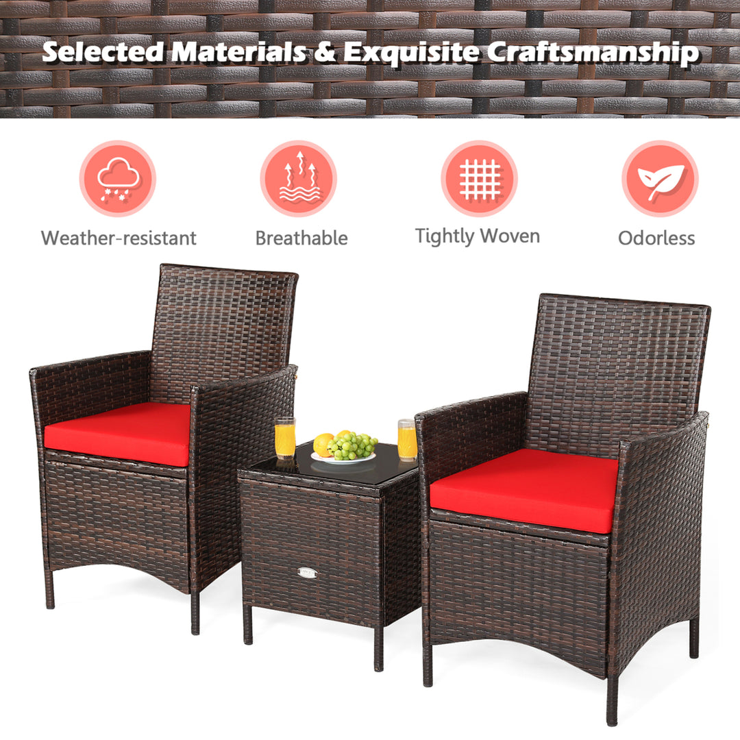 3PCS Outdoor Rattan Conversation Set Patio Furniture Set w/ Red Cushions Image 7