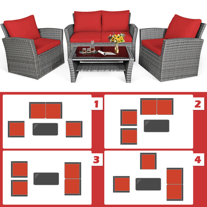 4PCS Patio Rattan Conversation Set Outdoor Furniture Set w/ Red Cushions Image 7