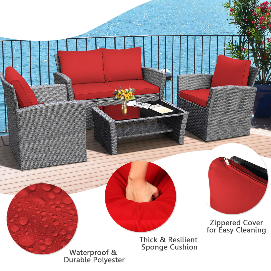 4PCS Patio Rattan Conversation Set Outdoor Furniture Set w/ Red Cushions Image 8