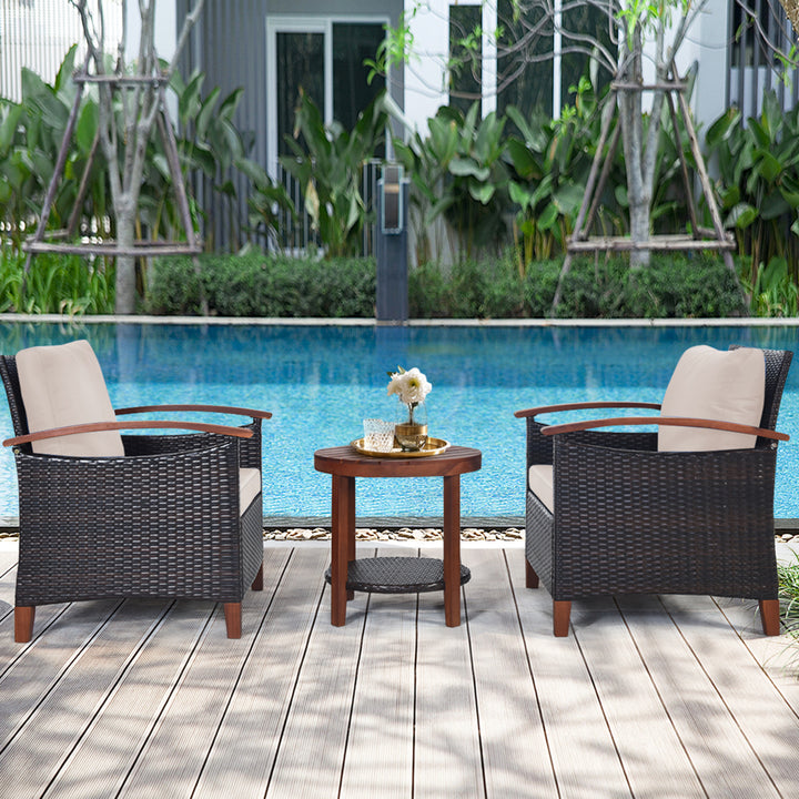 3PCS Patio Wicker Rattan Conversation Set Outdoor Furniture Set w/ Beige Cushion Image 5