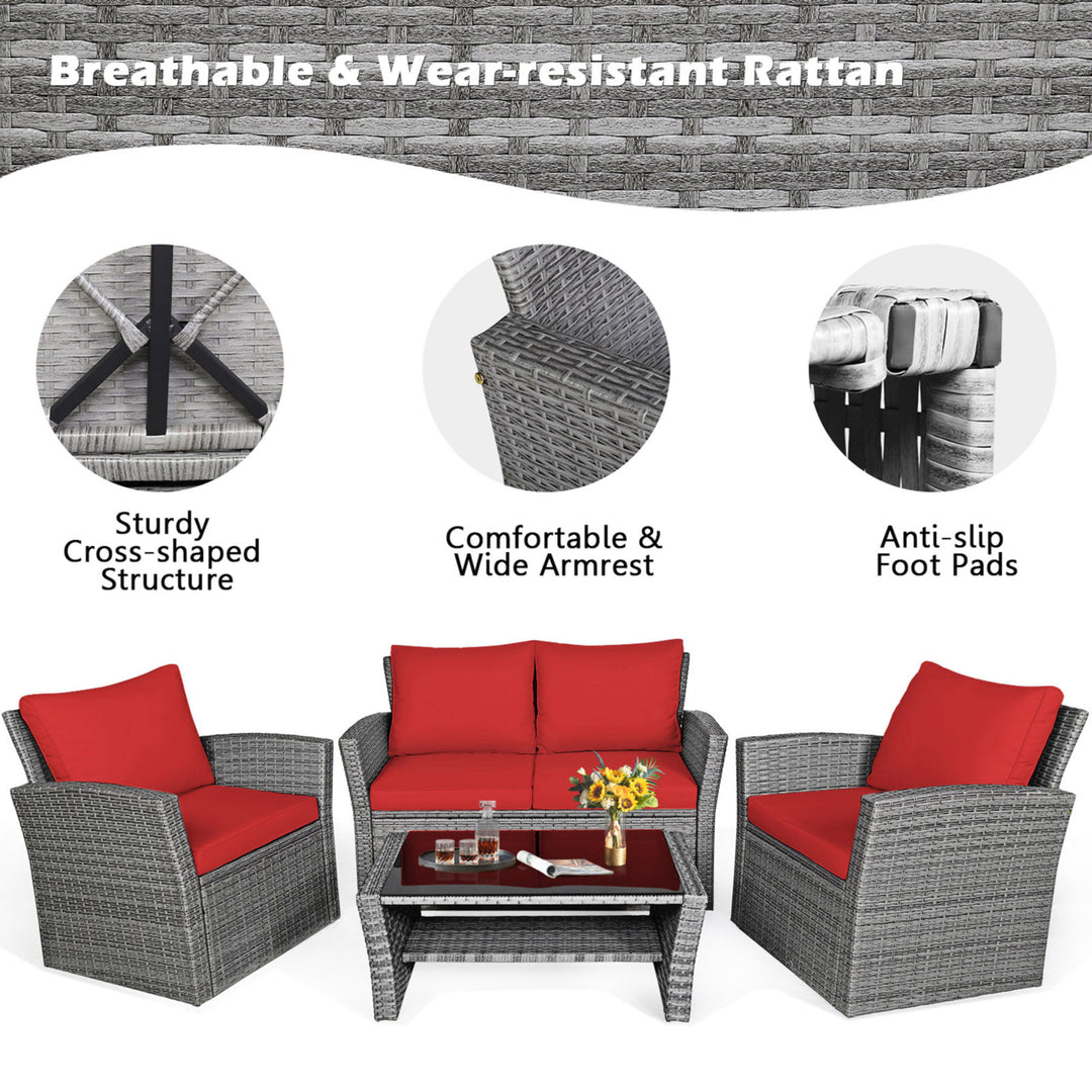 4PCS Patio Rattan Conversation Set Outdoor Furniture Set w/ Red Cushions Image 9