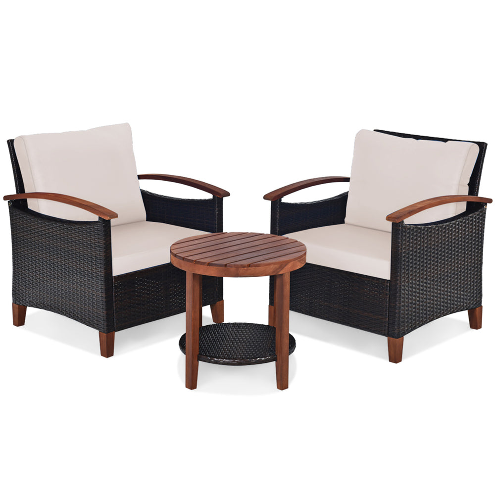 3PCS Patio Wicker Rattan Conversation Set Outdoor Furniture Set w/ Beige Cushion Image 2